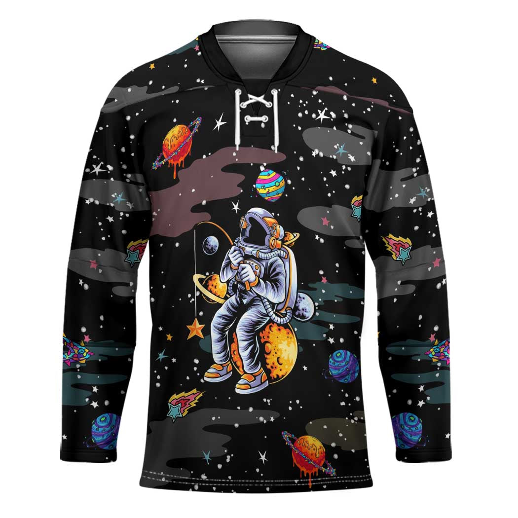 Funny Astronaut Fishing In Space Christmas Hockey Jersey Xmas Holiday Patterns - Wonder Print Shop