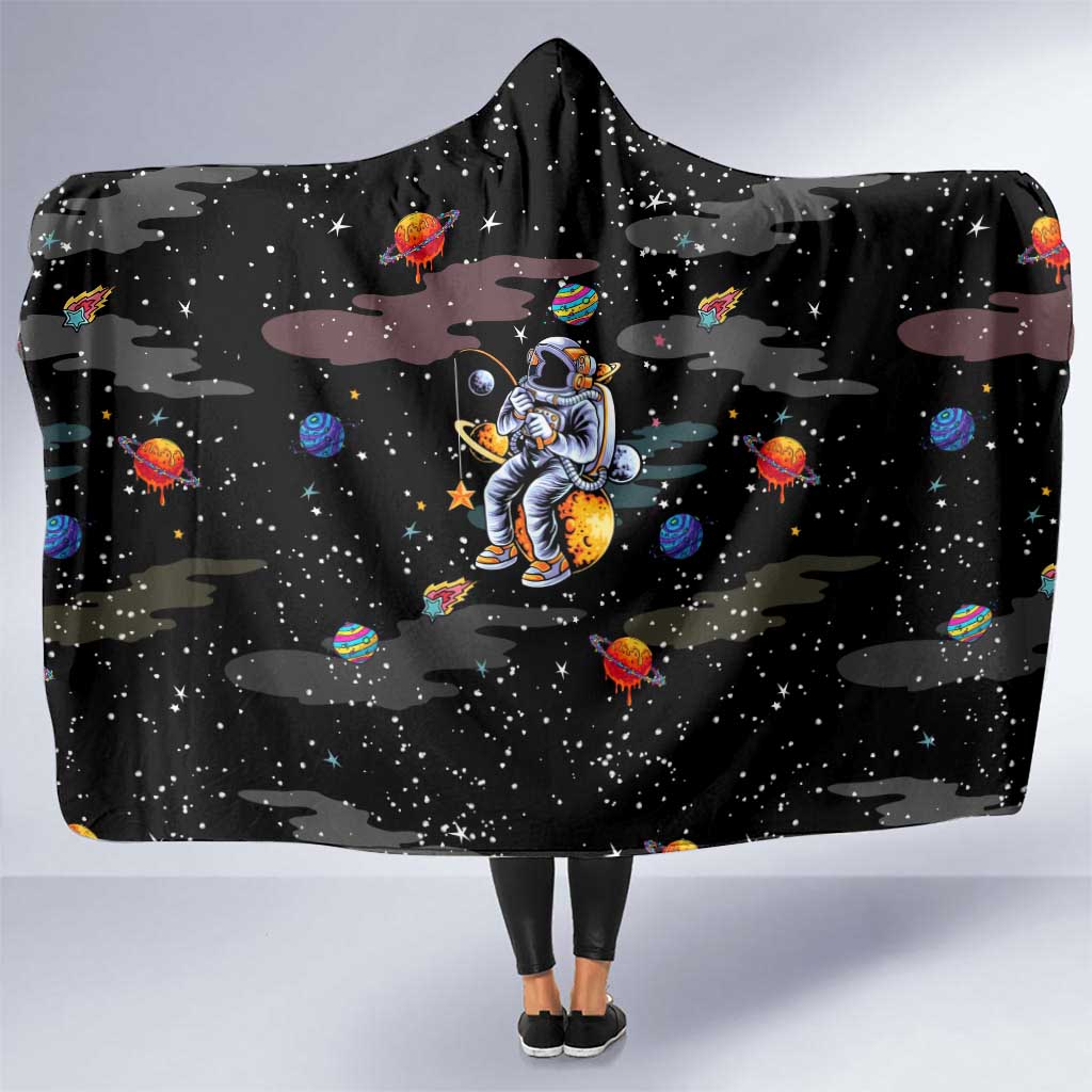 Funny Astronaut Fishing In Space Christmas Hooded Blanket Xmas Holiday Patterns - Wonder Print Shop