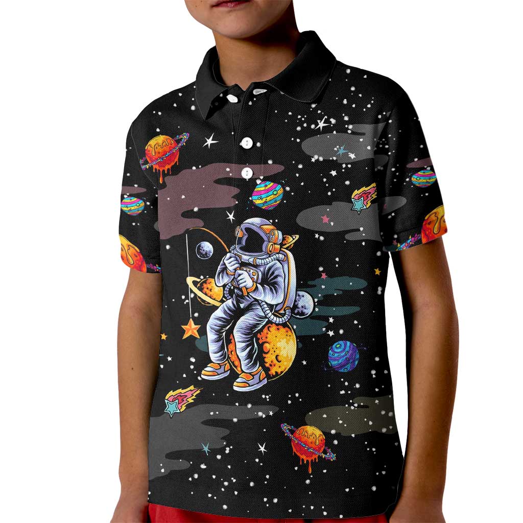 Funny Astronaut Fishing In Space Christmas Kid Polo Shirt Xmas Holiday Patterns - Wonder Print Shop
