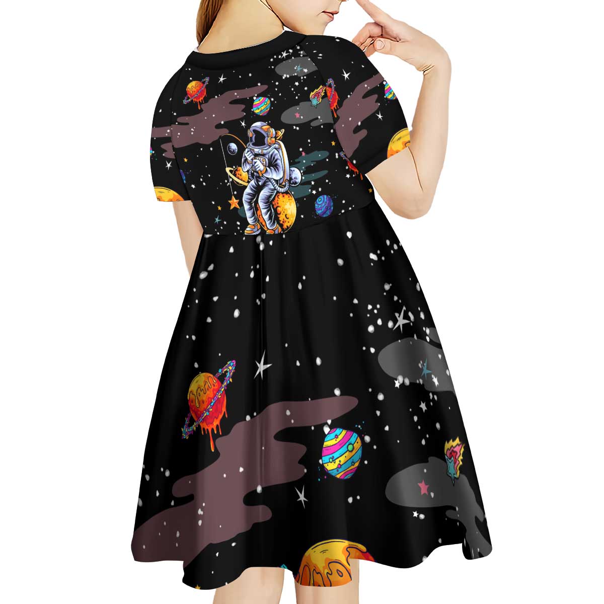 Funny Astronaut Fishing In Space Christmas Kid Short Sleeve Dress Xmas Holiday Patterns - Wonder Print Shop