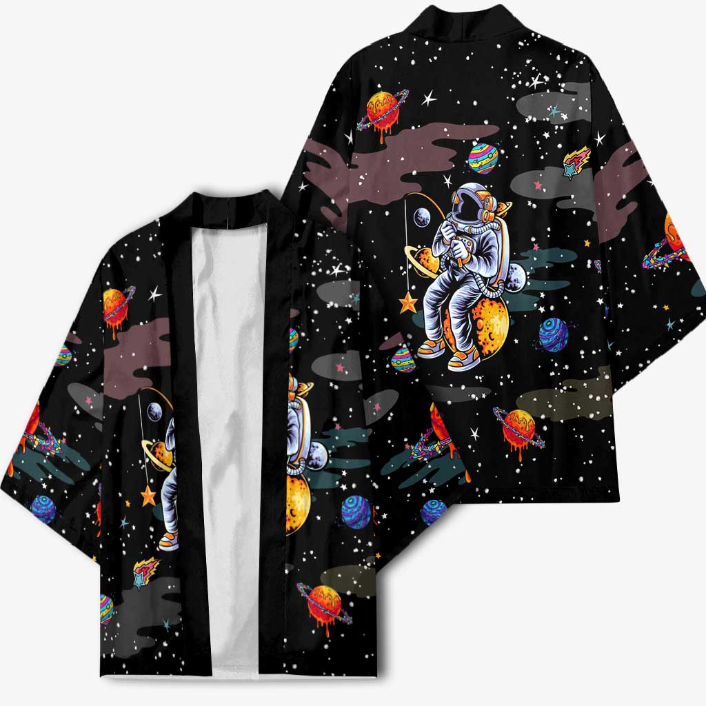 Funny Astronaut Fishing In Space Christmas Kimono Xmas Holiday Patterns - Wonder Print Shop