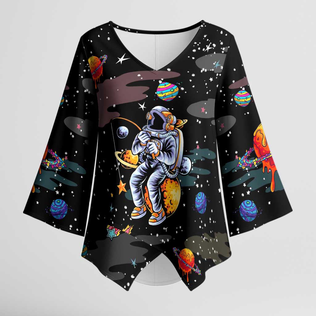 Funny Astronaut Fishing In Space Christmas Kimono Sleeve Blouse Xmas Holiday Patterns - Wonder Print Shop