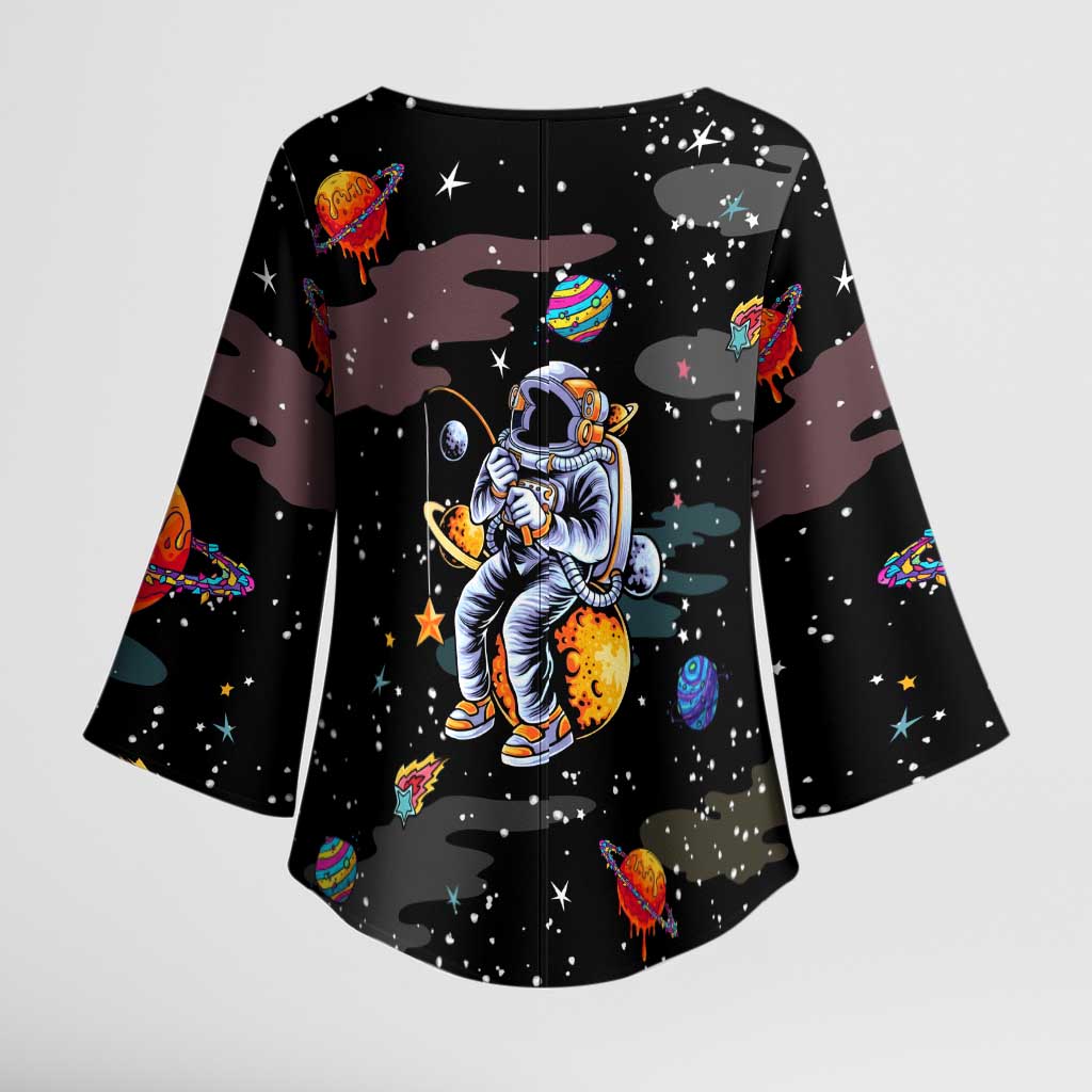 Funny Astronaut Fishing In Space Christmas Kimono Sleeve Blouse Xmas Holiday Patterns - Wonder Print Shop