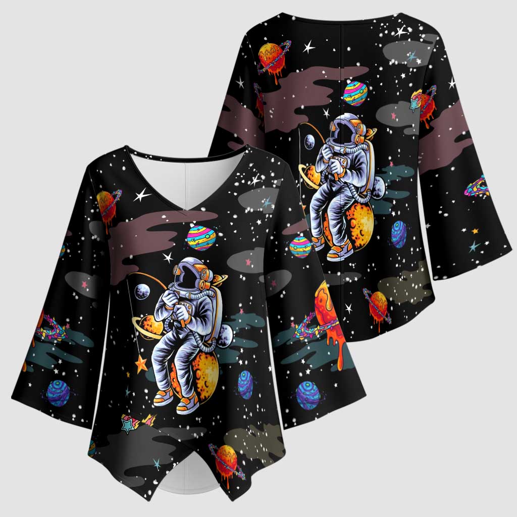 Funny Astronaut Fishing In Space Christmas Kimono Sleeve Blouse Xmas Holiday Patterns - Wonder Print Shop