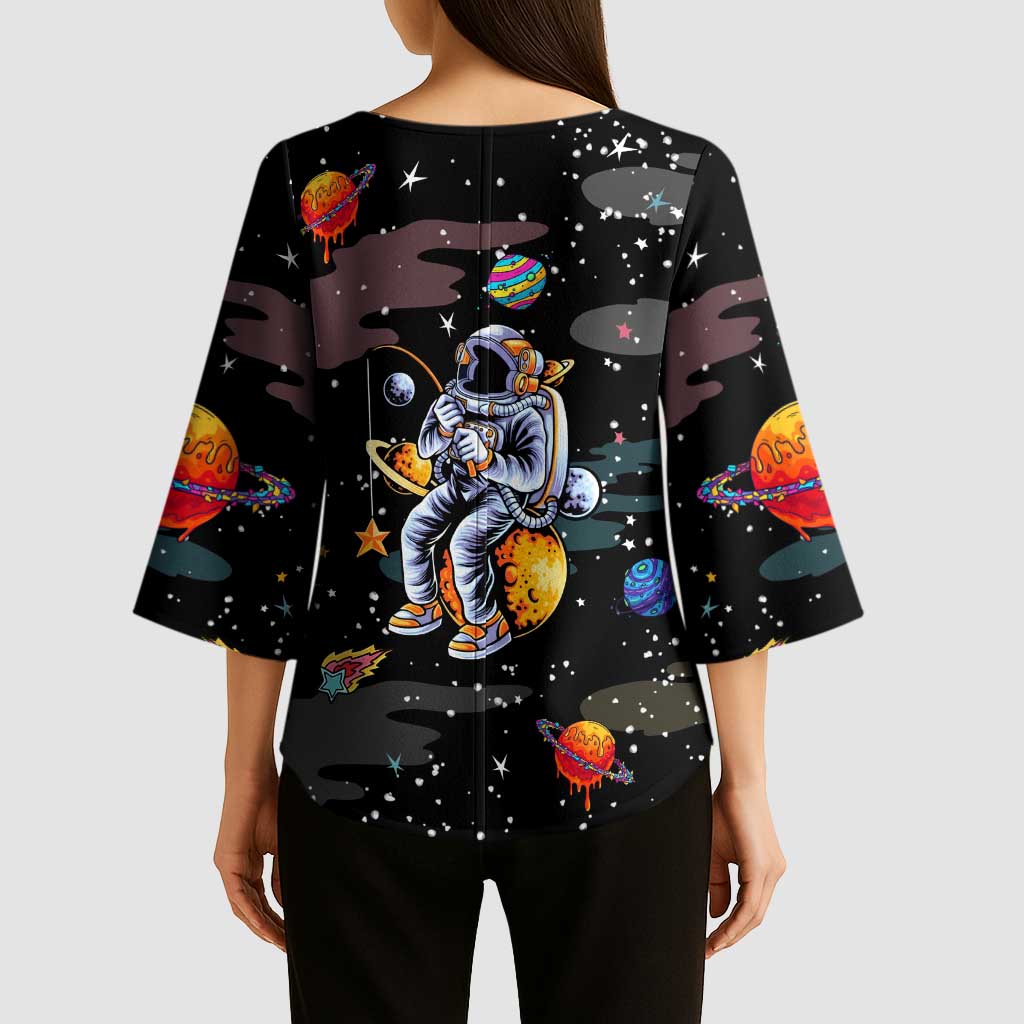 Funny Astronaut Fishing In Space Christmas Kimono Sleeve Blouse Xmas Holiday Patterns - Wonder Print Shop