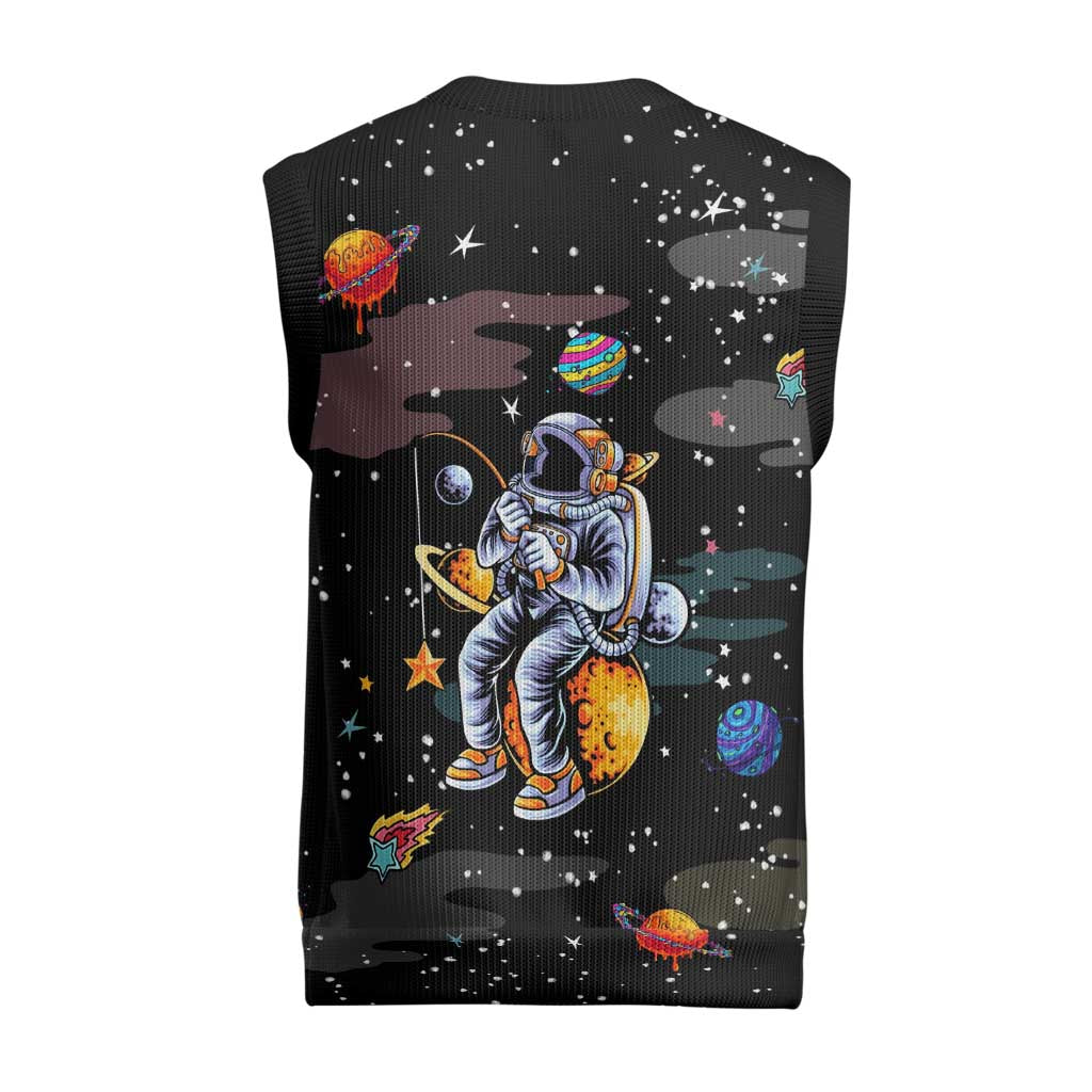 Funny Astronaut Fishing In Space Christmas Knitted V-Neck Vest Xmas Holiday Patterns - Wonder Print Shop