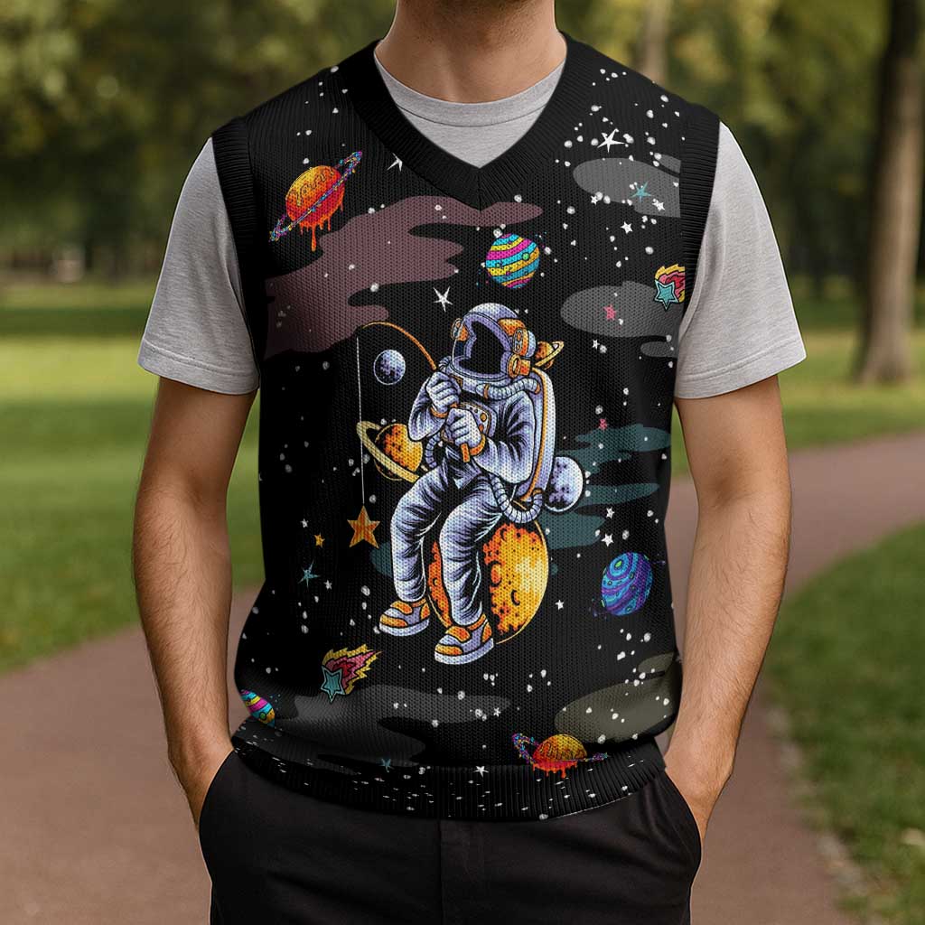 Funny Astronaut Fishing In Space Christmas Knitted V-Neck Vest Xmas Holiday Patterns - Wonder Print Shop