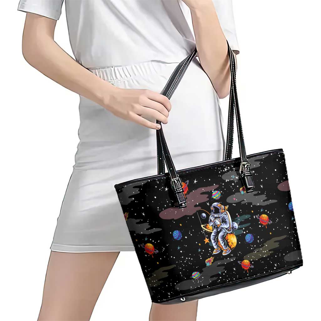 Funny Astronaut Fishing In Space Christmas Leather Tote Bag Xmas Holiday Patterns - Wonder Print Shop