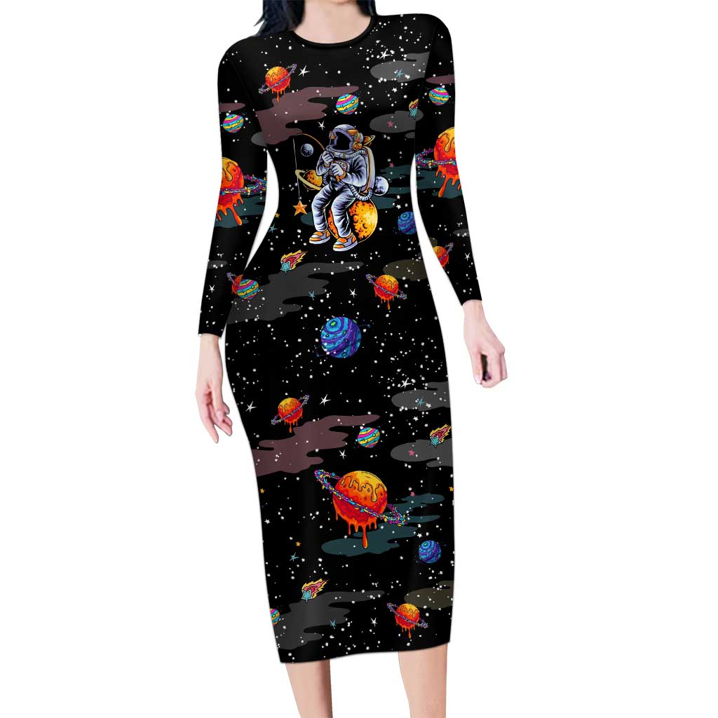 Funny Astronaut Fishing In Space Christmas Long Sleeve Bodycon Dress Xmas Holiday Patterns - Wonder Print Shop