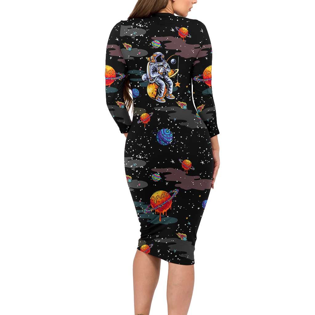 Funny Astronaut Fishing In Space Christmas Long Sleeve Bodycon Dress Xmas Holiday Patterns - Wonder Print Shop