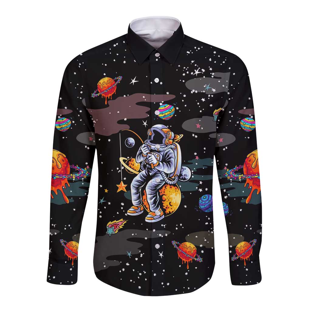 Funny Astronaut Fishing In Space Christmas Long Sleeve Button Shirt Xmas Holiday Patterns - Wonder Print Shop