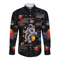 Funny Astronaut Fishing In Space Christmas Long Sleeve Button Shirt Xmas Holiday Patterns - Wonder Print Shop
