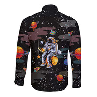 Funny Astronaut Fishing In Space Christmas Long Sleeve Button Shirt Xmas Holiday Patterns - Wonder Print Shop