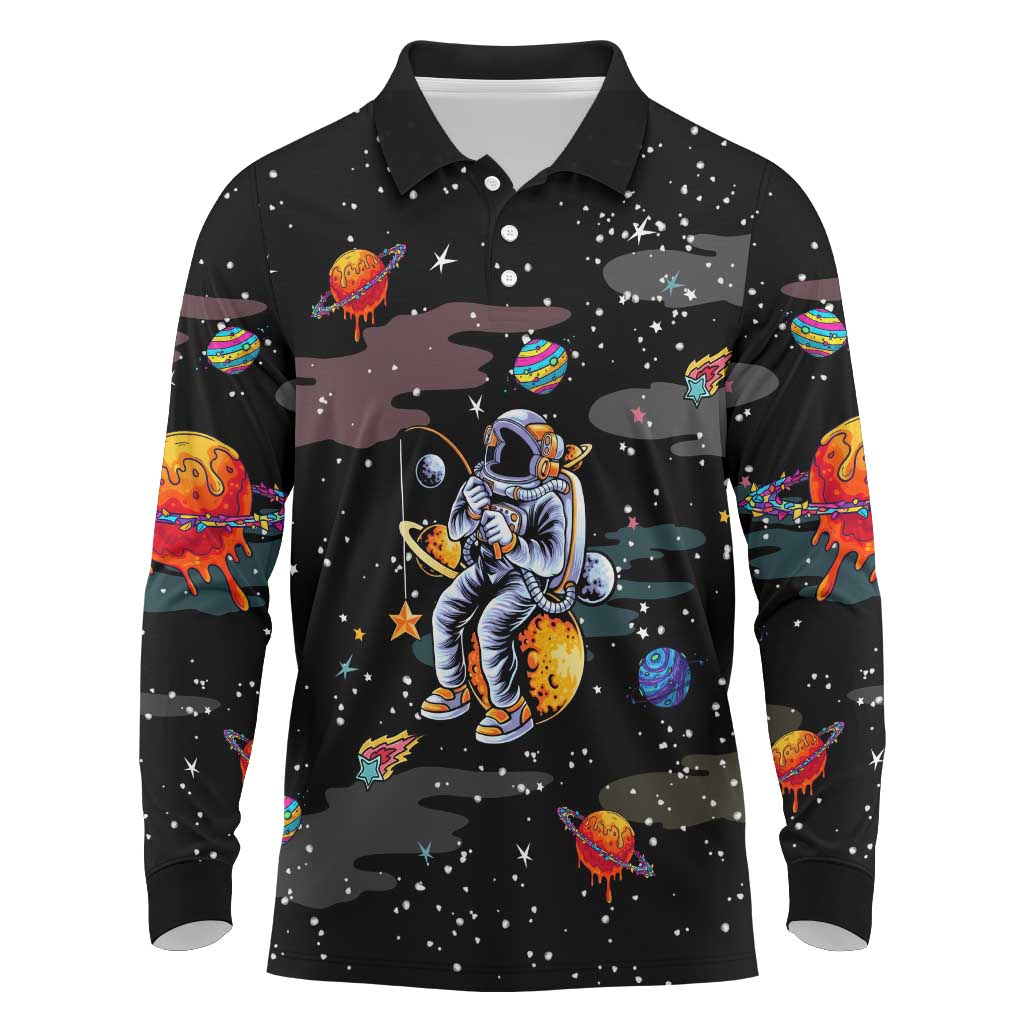 Funny Astronaut Fishing In Space Christmas Long Sleeve Polo Shirt Xmas Holiday Patterns - Wonder Print Shop