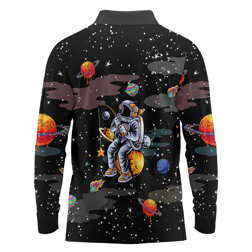 Funny Astronaut Fishing In Space Christmas Long Sleeve Polo Shirt Xmas Holiday Patterns - Wonder Print Shop