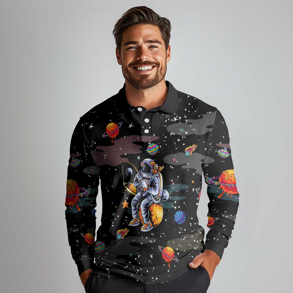 Funny Astronaut Fishing In Space Christmas Long Sleeve Polo Shirt Xmas Holiday Patterns - Wonder Print Shop