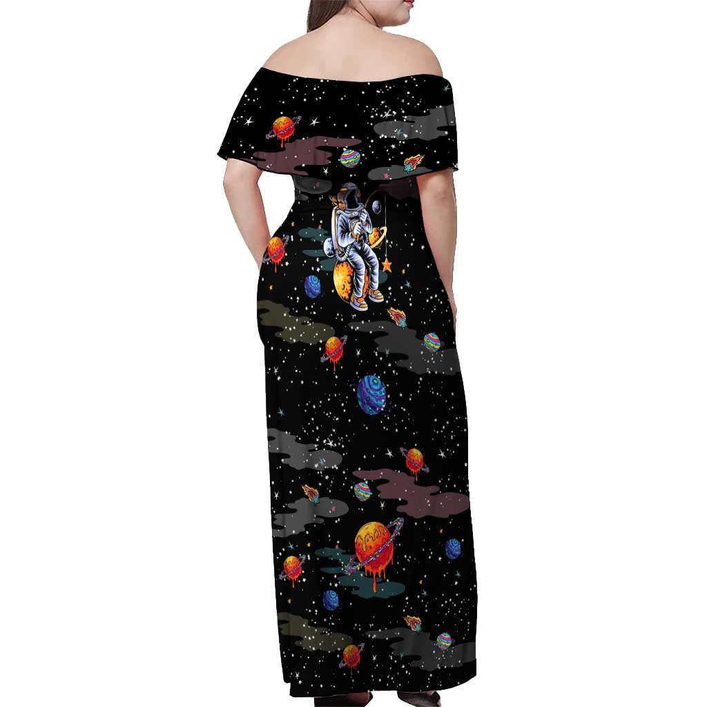 Funny Astronaut Fishing In Space Christmas Off Shoulder Maxi Dress Xmas Holiday Patterns - Wonder Print Shop