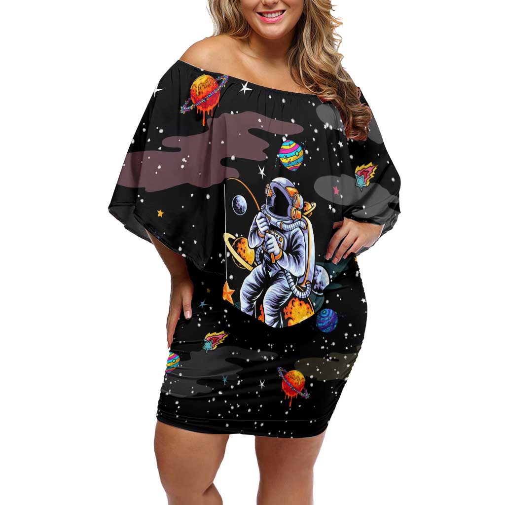 Funny Astronaut Fishing In Space Christmas Off Shoulder Short Dress Xmas Holiday Patterns - Wonder Print Shop