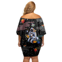 Funny Astronaut Fishing In Space Christmas Off Shoulder Short Dress Xmas Holiday Patterns - Wonder Print Shop