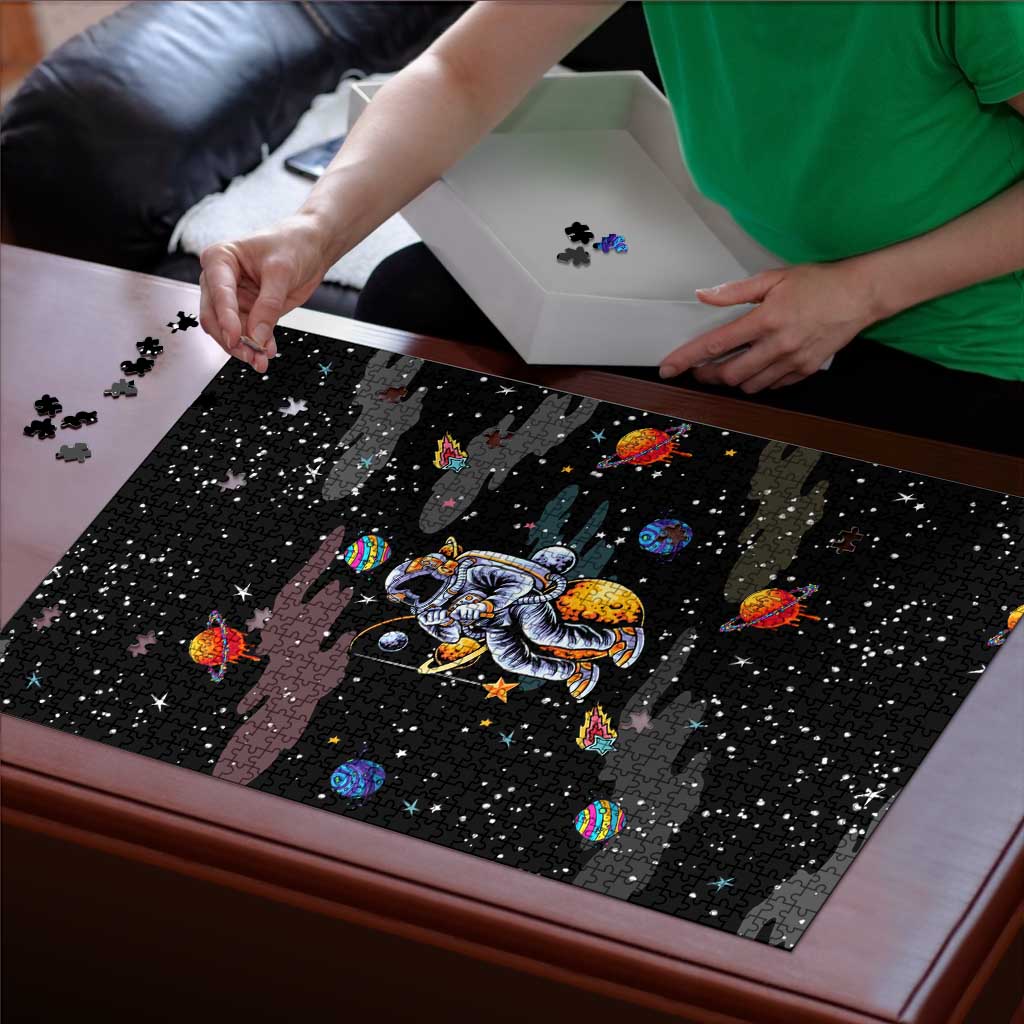 Funny Astronaut Fishing In Space Christmas Puzzle Xmas Holiday Patterns - Wonder Print Shop