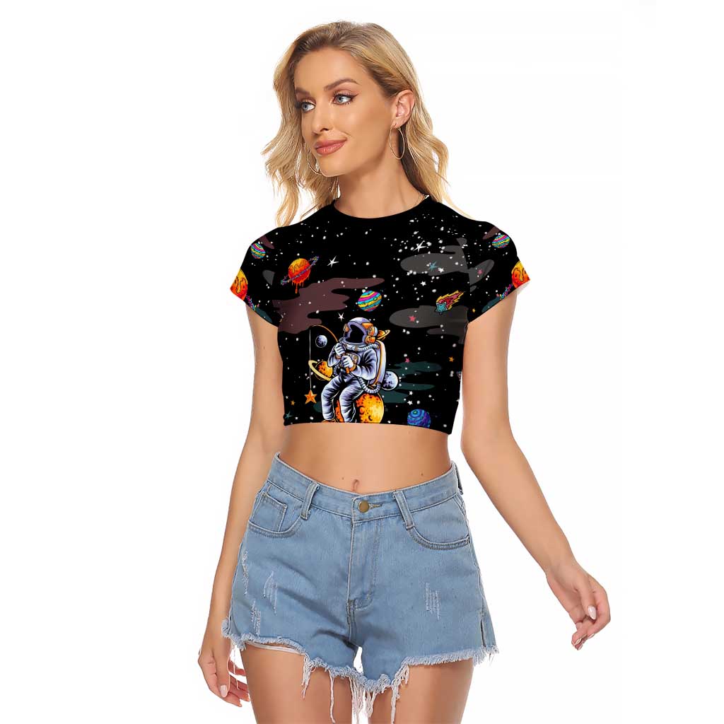 Funny Astronaut Fishing In Space Christmas Raglan Cropped T Shirt Xmas Holiday Patterns - Wonder Print Shop