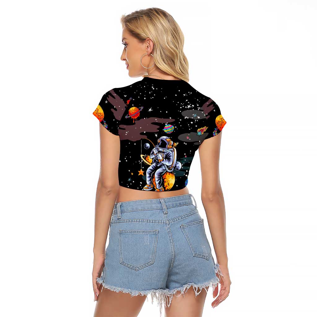 Funny Astronaut Fishing In Space Christmas Raglan Cropped T Shirt Xmas Holiday Patterns - Wonder Print Shop