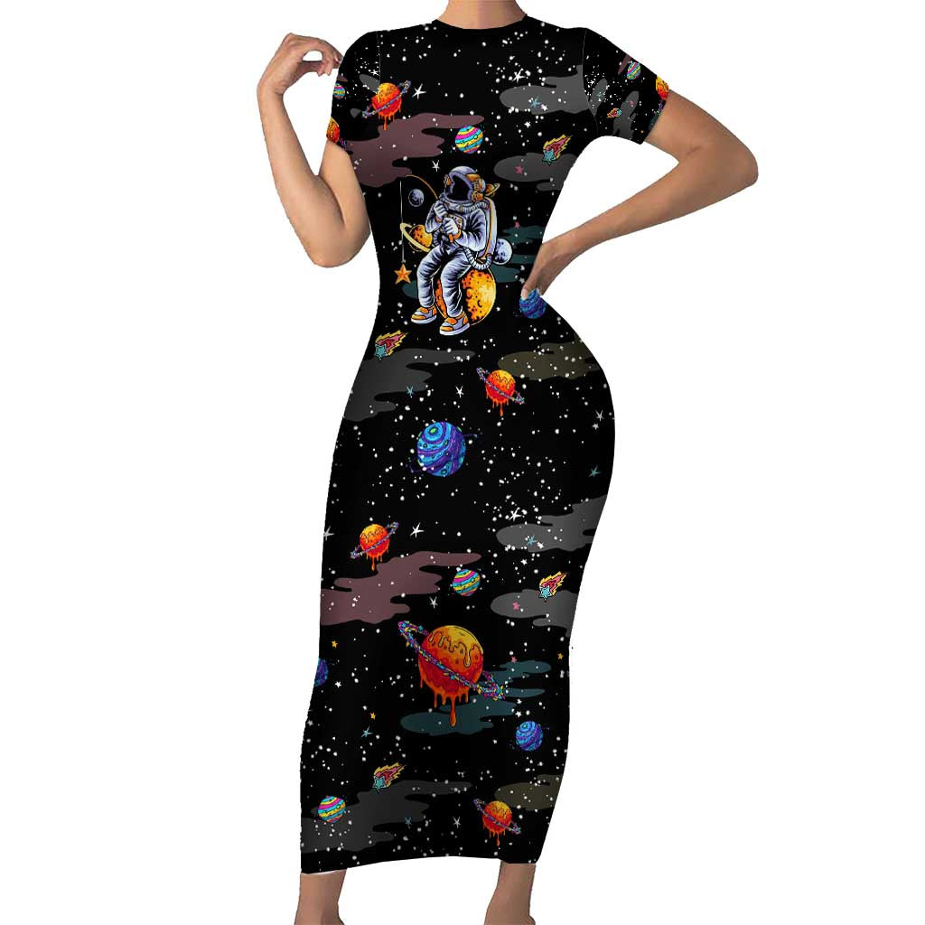 Funny Astronaut Fishing In Space Christmas Short Sleeve Bodycon Dress Xmas Holiday Patterns - Wonder Print Shop