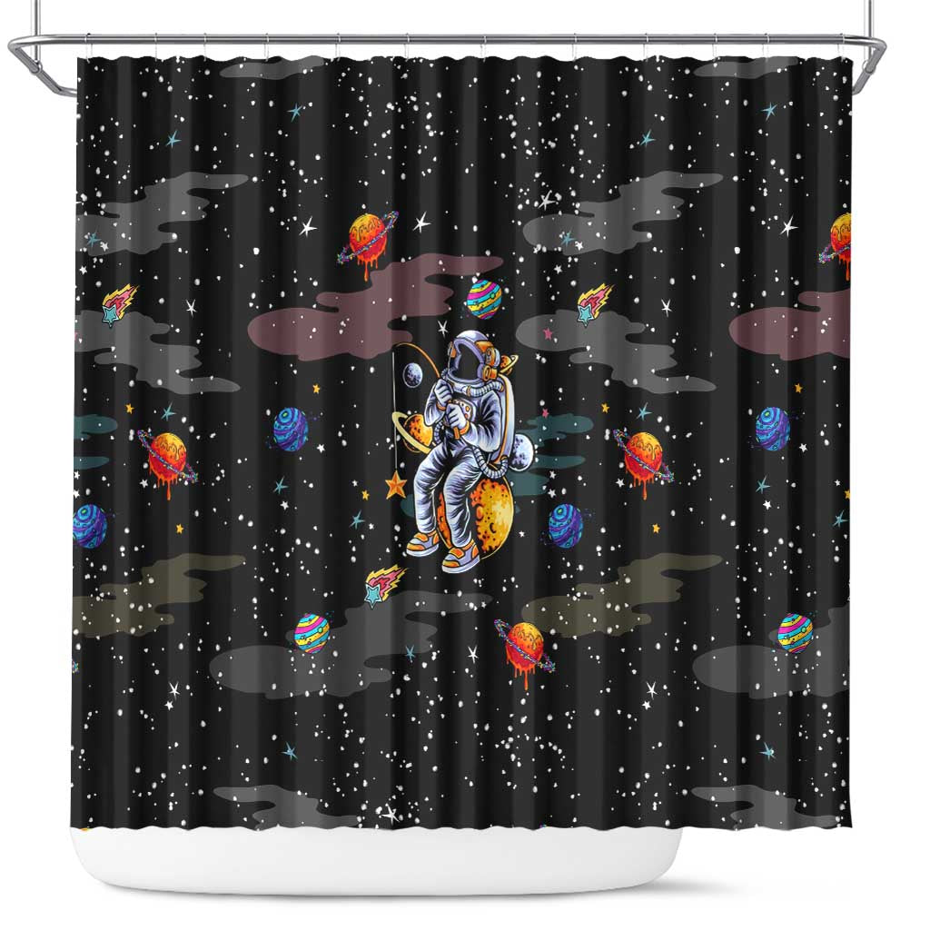 Funny Astronaut Fishing In Space Christmas Shower Curtain Xmas Holiday Patterns - Wonder Print Shop