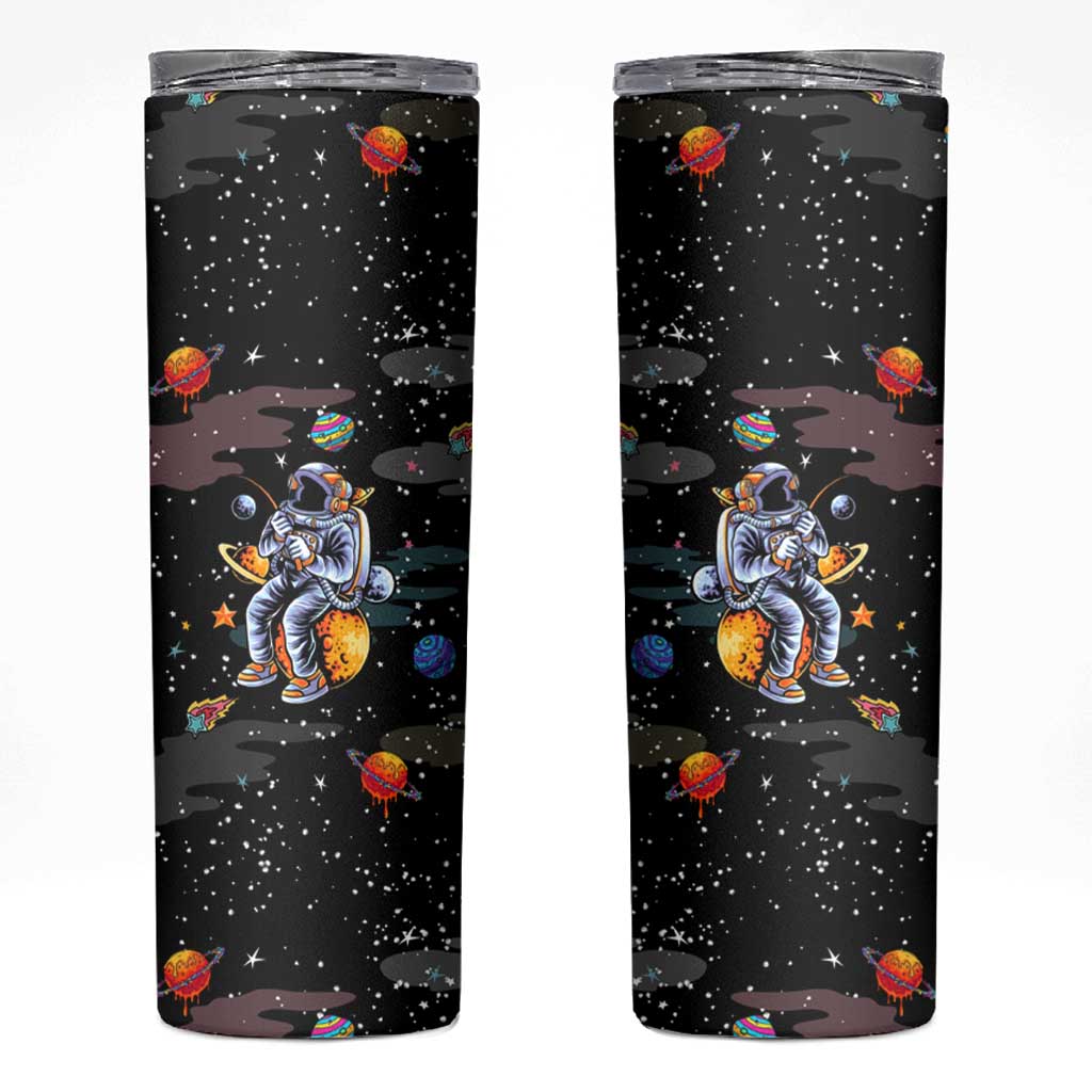 Funny Astronaut Fishing In Space Christmas Skinny Tumbler Xmas Holiday Patterns - Wonder Print Shop