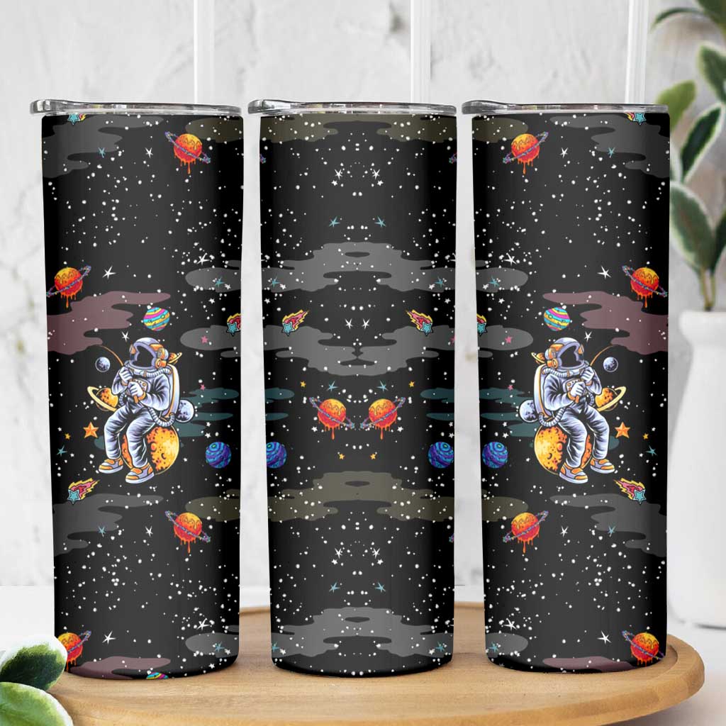 Funny Astronaut Fishing In Space Christmas Skinny Tumbler Xmas Holiday Patterns - Wonder Print Shop