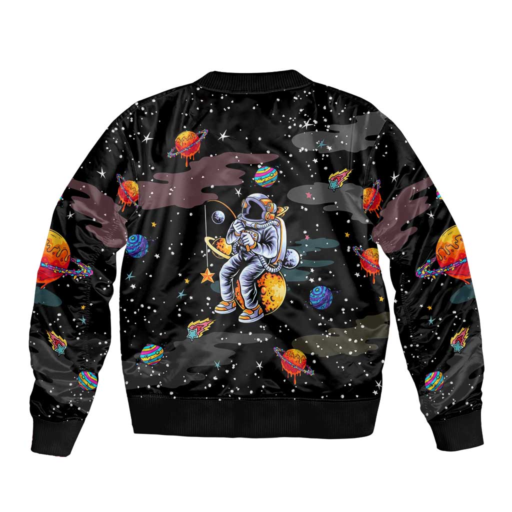 Funny Astronaut Fishing In Space Christmas Sleeve Zip Bomber Jacket Xmas Holiday Patterns - Wonder Print Shop