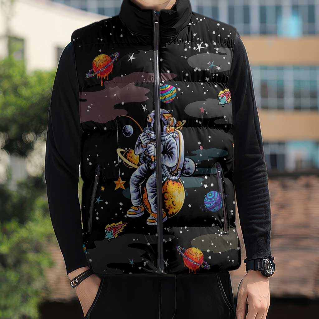 Funny Astronaut Fishing In Space Christmas Sleeveless Puffer Jacket Xmas Holiday Patterns - Wonder Print Shop