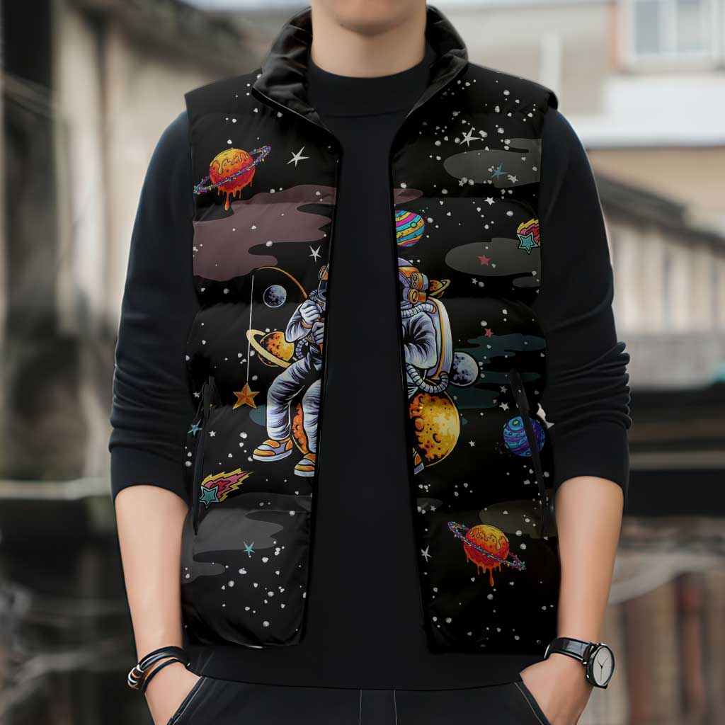 Funny Astronaut Fishing In Space Christmas Sleeveless Puffer Jacket Xmas Holiday Patterns - Wonder Print Shop