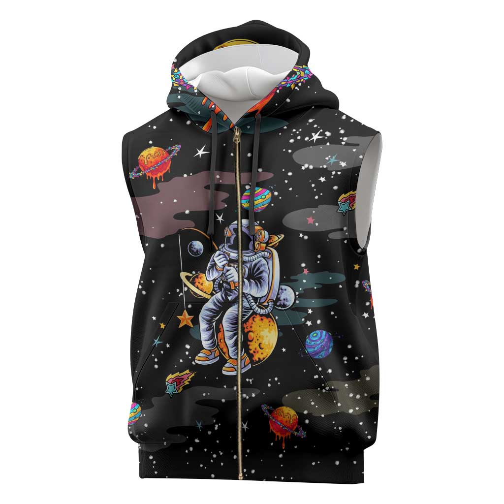 Funny Astronaut Fishing In Space Christmas Sleeveless Zip Hoodie Xmas Holiday Patterns - Wonder Print Shop