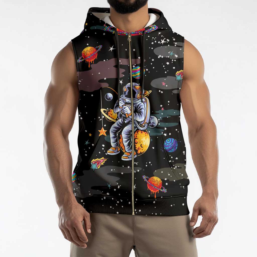 Funny Astronaut Fishing In Space Christmas Sleeveless Zip Hoodie Xmas Holiday Patterns - Wonder Print Shop