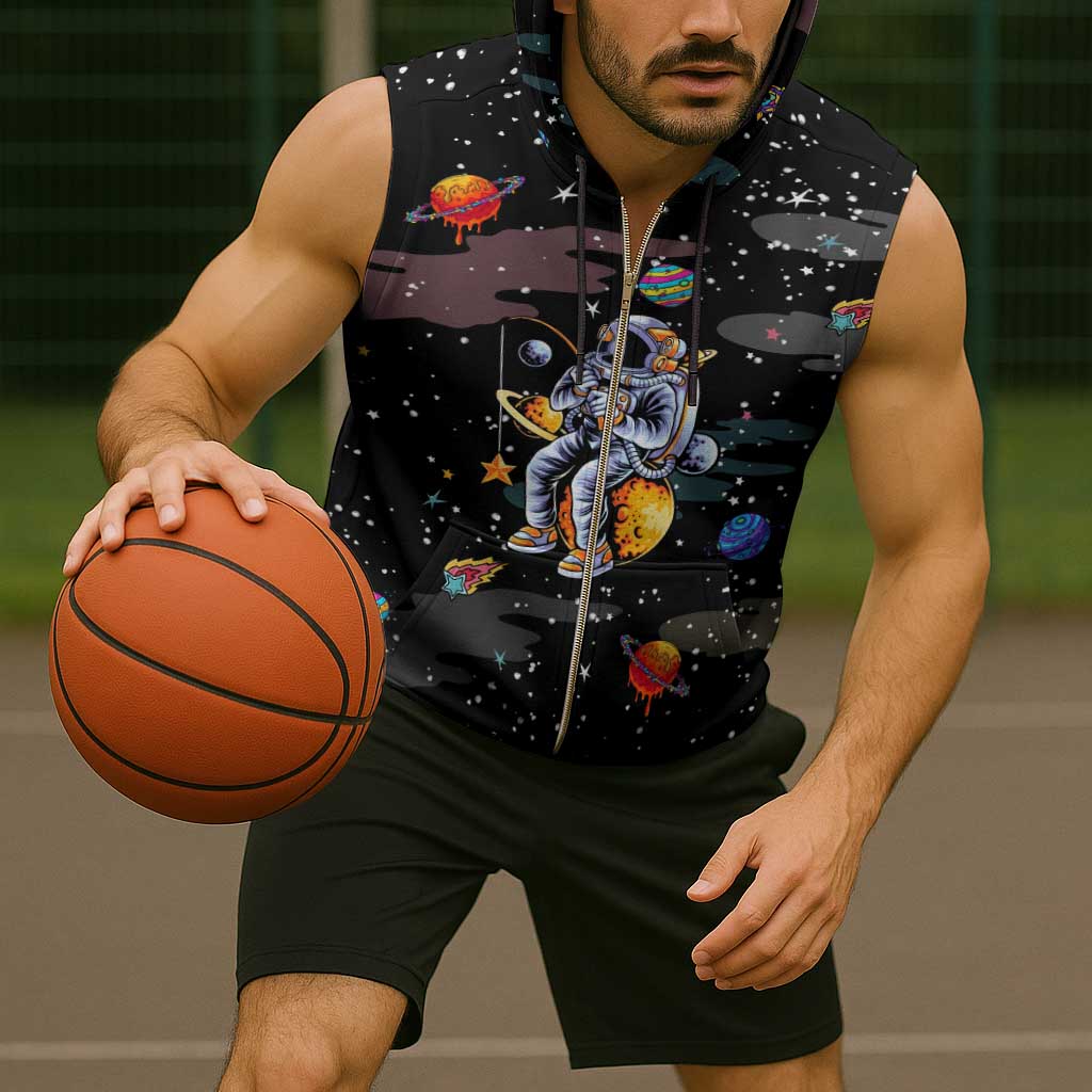 Funny Astronaut Fishing In Space Christmas Sleeveless Zip Hoodie Xmas Holiday Patterns - Wonder Print Shop