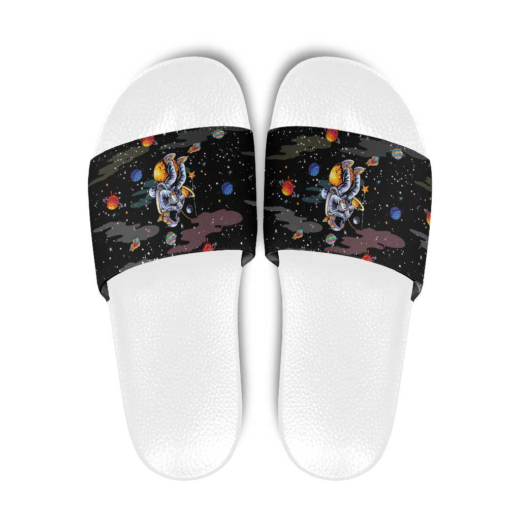 Funny Astronaut Fishing In Space Christmas Slide Sandals Xmas Holiday Patterns - Wonder Print Shop