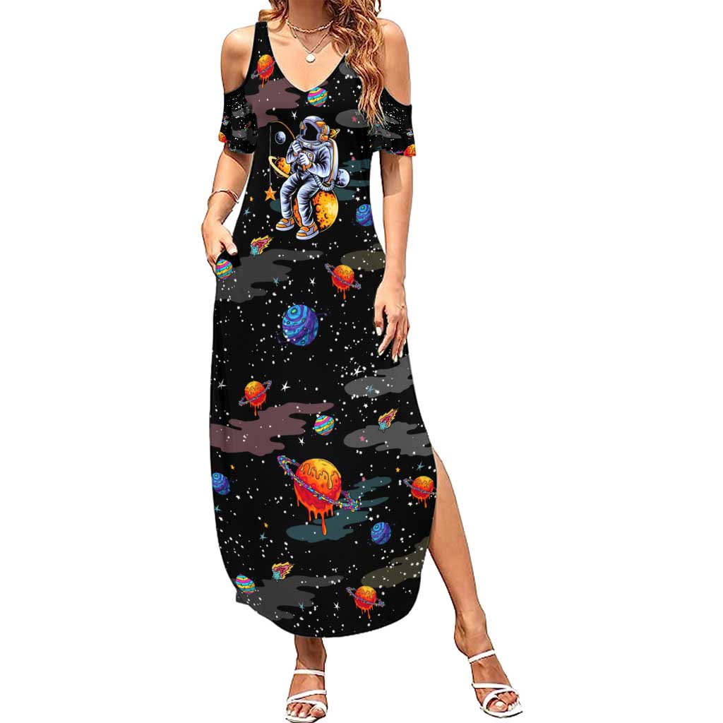 Funny Astronaut Fishing In Space Christmas Summer Maxi Dress Xmas Holiday Patterns - Wonder Print Shop