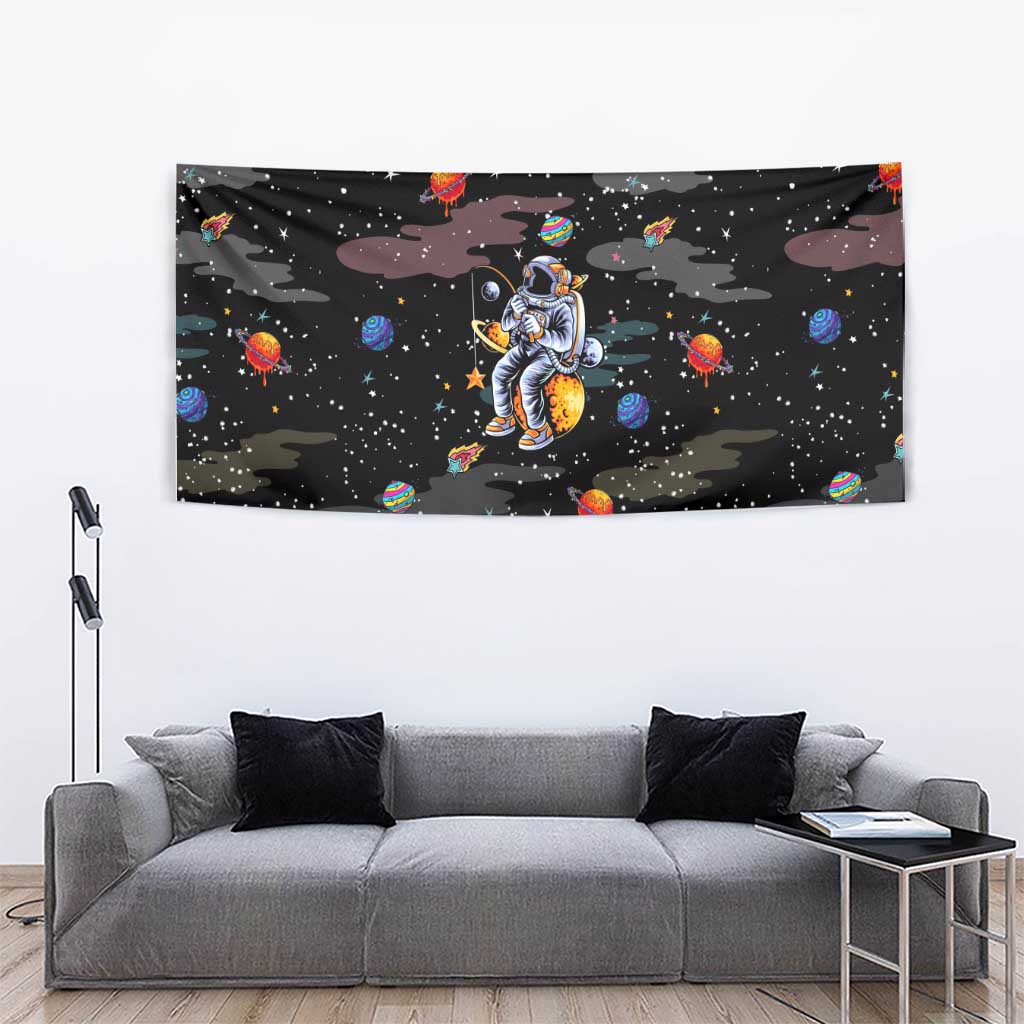 Funny Astronaut Fishing In Space Christmas Tapestry Xmas Holiday Patterns - Wonder Print Shop
