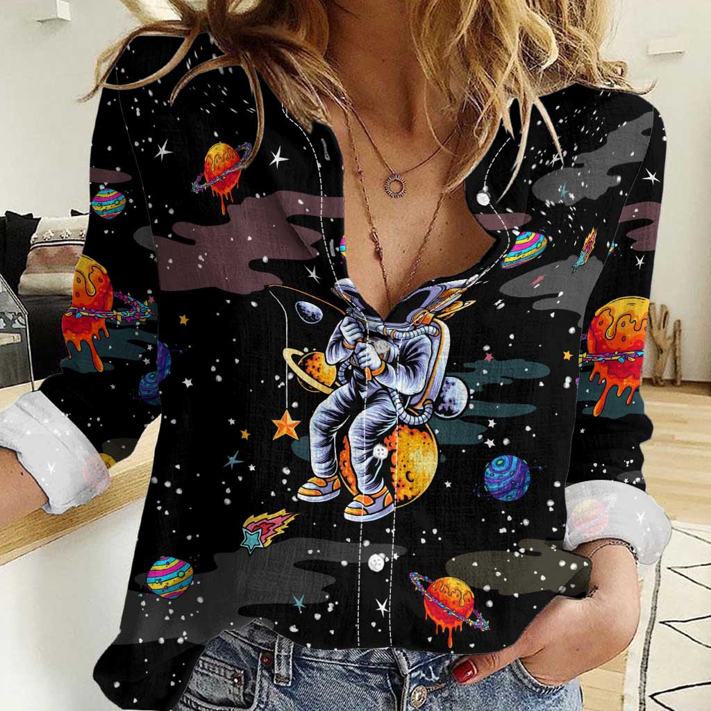 Funny Astronaut Fishing In Space Christmas Women Casual Shirt Xmas Holiday Patterns - Wonder Print Shop