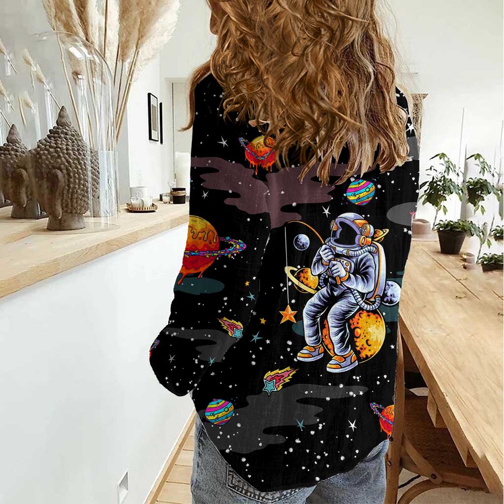 Funny Astronaut Fishing In Space Christmas Women Casual Shirt Xmas Holiday Patterns - Wonder Print Shop