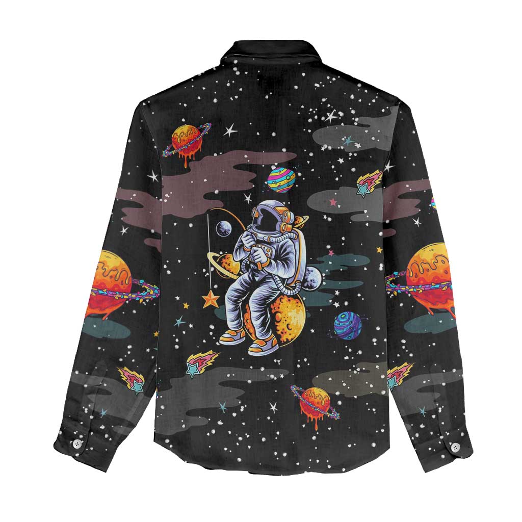 Funny Astronaut Fishing In Space Christmas Women Casual Shirt Xmas Holiday Patterns - Wonder Print Shop