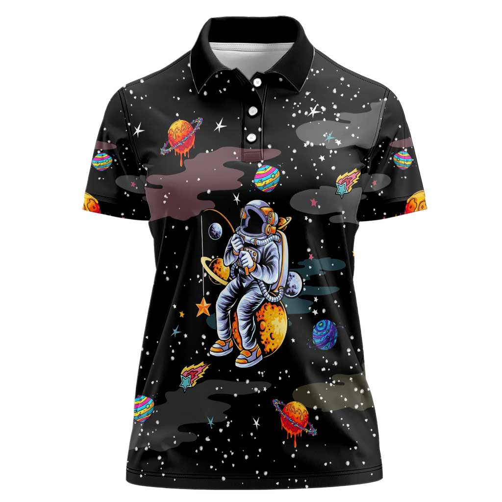 Funny Astronaut Fishing In Space Christmas Women Polo Shirt Xmas Holiday Patterns - Wonder Print Shop