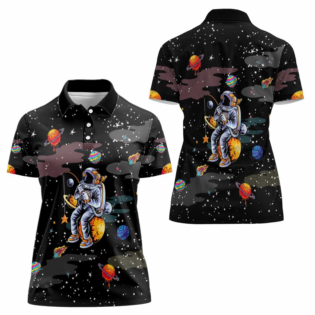 Funny Astronaut Fishing In Space Christmas Women Polo Shirt Xmas Holiday Patterns - Wonder Print Shop