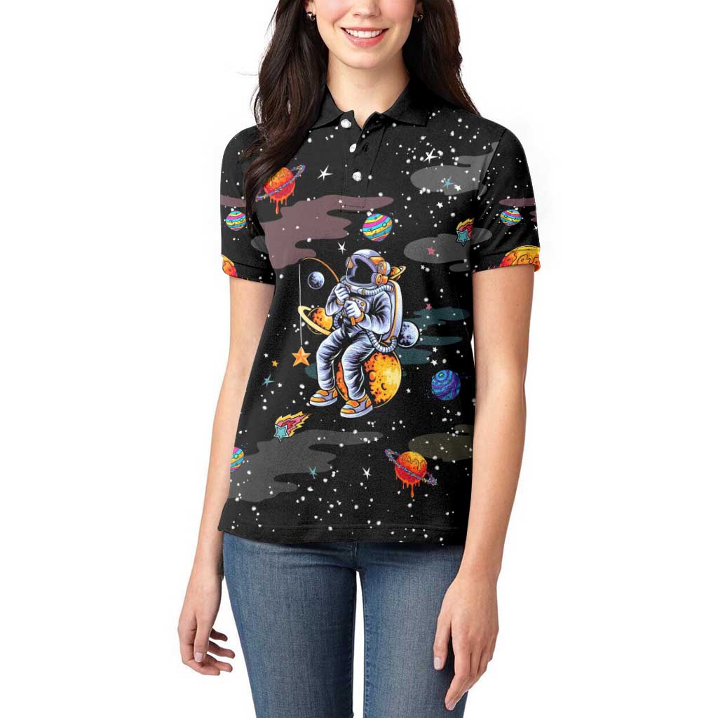Funny Astronaut Fishing In Space Christmas Women Polo Shirt Xmas Holiday Patterns - Wonder Print Shop