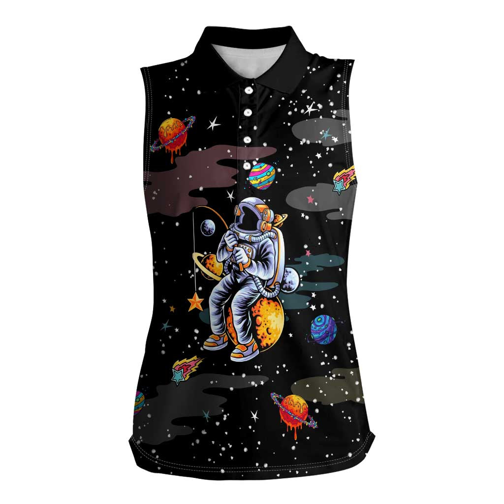 Funny Astronaut Fishing In Space Christmas Women Sleeveless Polo Shirt Xmas Holiday Patterns - Wonder Print Shop