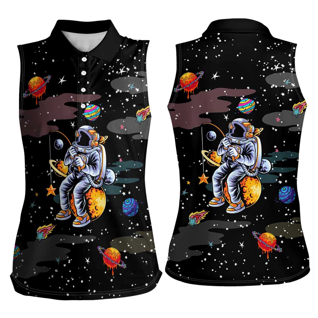 Funny Astronaut Fishing In Space Christmas Women Sleeveless Polo Shirt Xmas Holiday Patterns - Wonder Print Shop