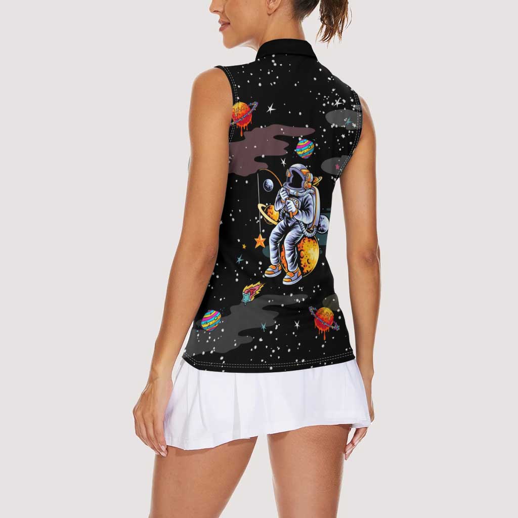 Funny Astronaut Fishing In Space Christmas Women Sleeveless Polo Shirt Xmas Holiday Patterns - Wonder Print Shop