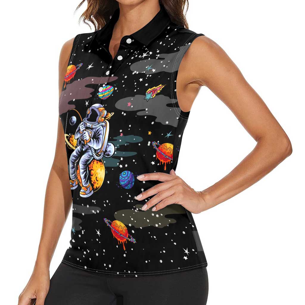 Funny Astronaut Fishing In Space Christmas Women Sleeveless Polo Shirt Xmas Holiday Patterns - Wonder Print Shop
