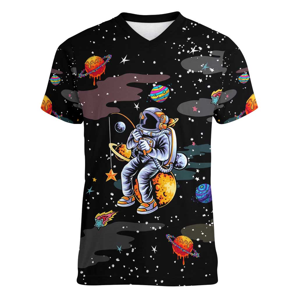 Funny Astronaut Fishing In Space Christmas Women V-Neck T-Shirt Xmas Holiday Patterns - Wonder Print Shop